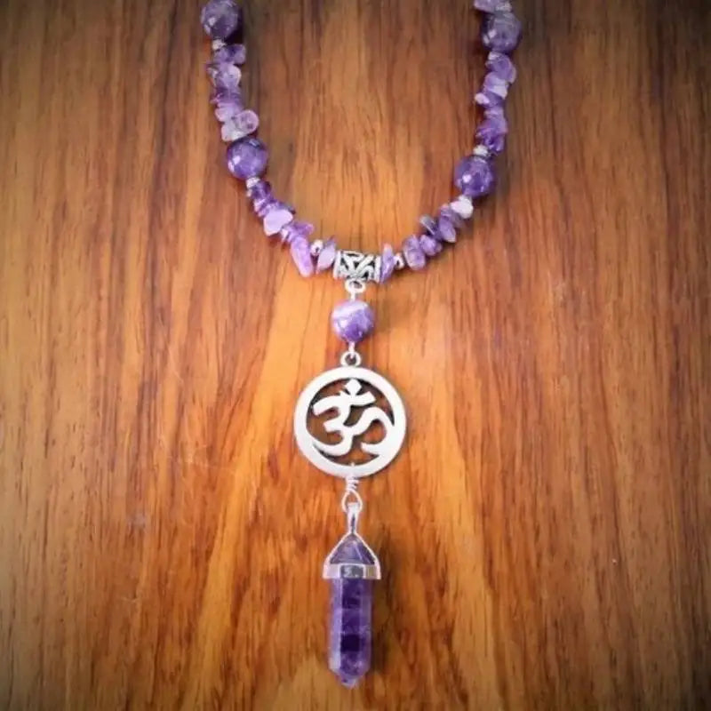 Crystal Ohm necklace Amethyst rosary necklace, Spiritual Buddhist Hindu Ohm Aum Om necklace